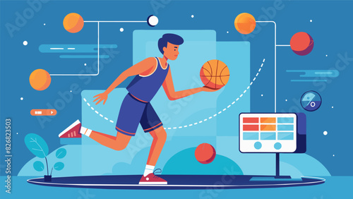 A virtual basketball game customized to the players specific skill level with skill challenges and drills designed to improve their ball handling and. Vector illustration