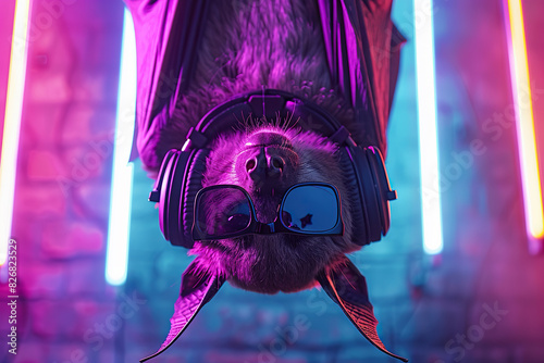 A bat hanging upside down while wearing headphones and listening to music photo