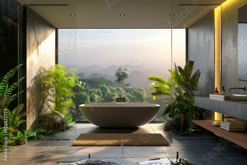 Bathroom with large window  bathtub surrounded by plants