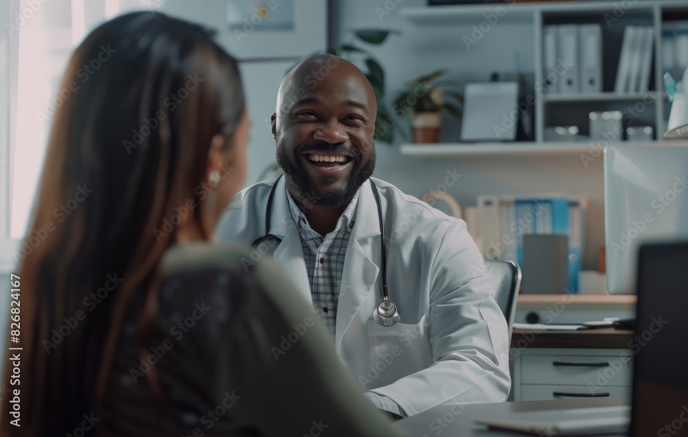 A smiling doctor in a white coat sat at a desk and listened to the patient's woman in the office talk about her physical pain A smiling doctor in a white coat sat at a desk and listened to the patient's woman in the office talk about her physical pain