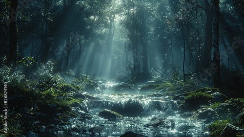 cinematic and photorealistic shot of a stream in the forest at night  glowing moss and magical plants light the scene and faint mystical blue god rays fill the distance  mist and mystery