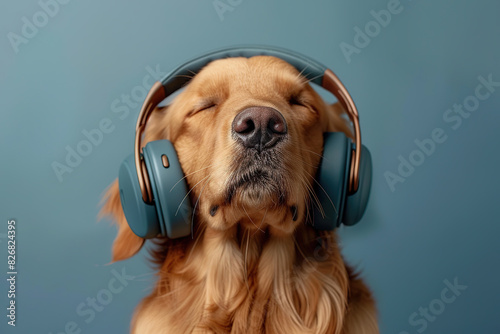 A dog wearing headphones with its eyes closed, enjoying music