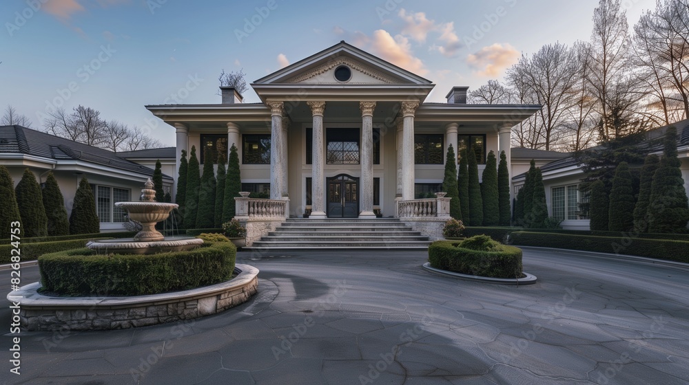 Obraz premium : A luxurious suburban home with a grand entrance, featuring tall pillars and a sweeping staircase.