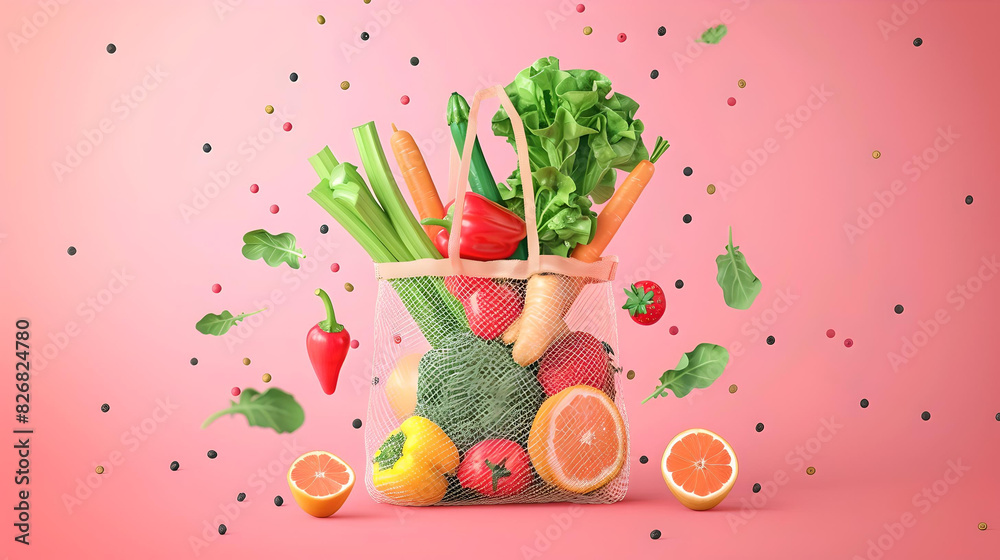 Assorted fresh vegetables in a mesh bag with floating vegetables around on a pink background. Assorted fresh vegetables in a mesh bag with floating vegetables around on a pink background.