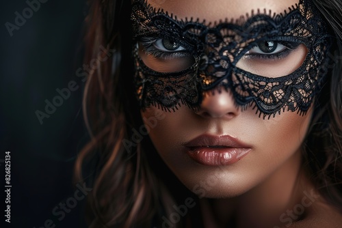 Close up of a beautiful mysterious young woman with black lace mask over her eyes on black background