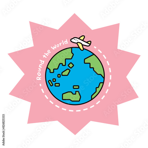Round the Worldの文字と、飛行機と地球のイラスト photo