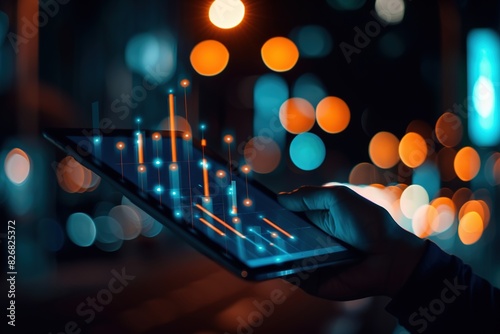 Close up of businessman hands holding tablet with growing business diagram chart on blurry dark background