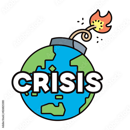 CRISISの文字と、導火線のついた地球のイラスト