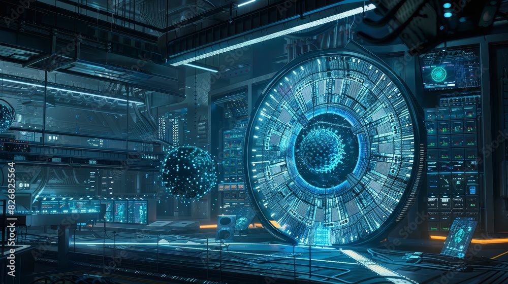 The image shows a futuristic laboratory with a large glowing blue sphere in the center. The image shows a futuristic laboratory with a large glowing blue sphere in the center.