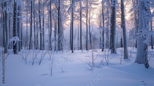 The image shows a beautiful winter forest with snow-covered trees and a bright sky.