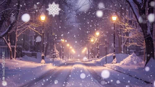 A winter wonderland of falling snow on a quiet, tree-lined street with glowing street lamps.