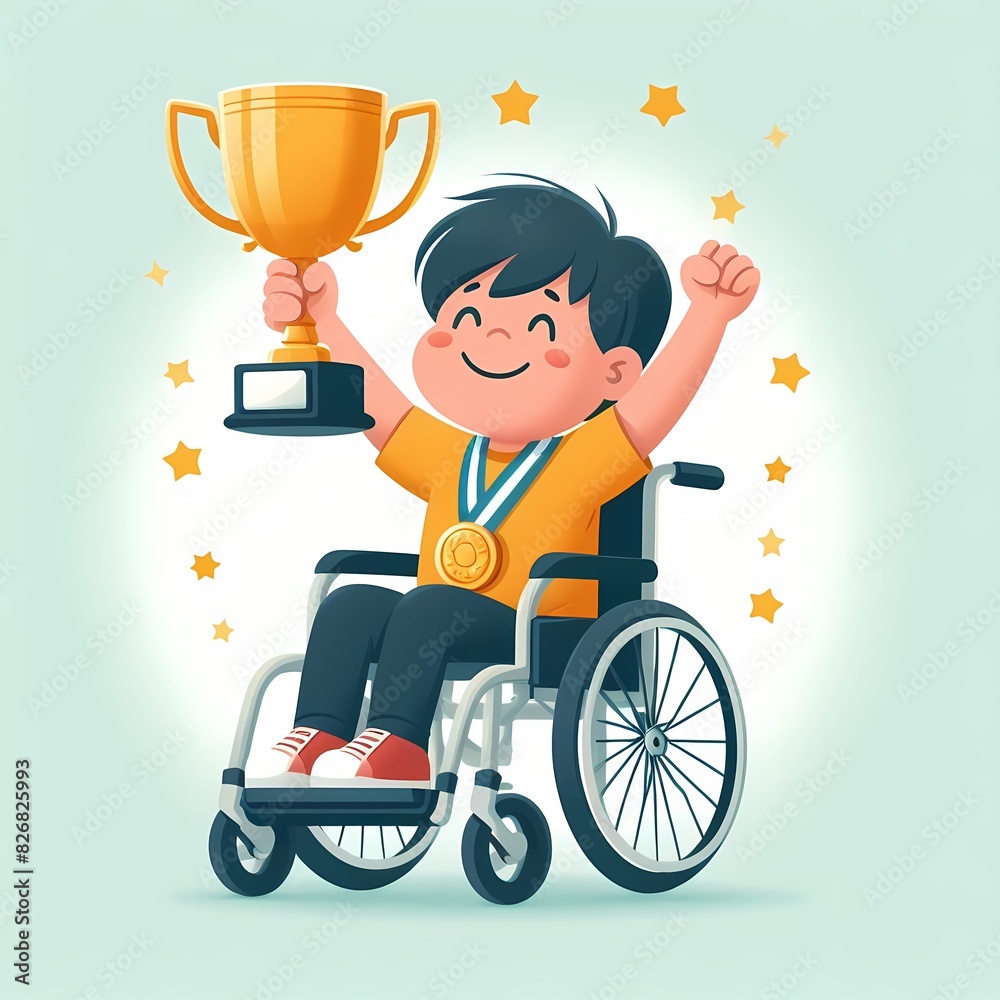 Happy Child in Wheelchair Celebrating Victory Happy Child in Wheelchair Celebrating Victory