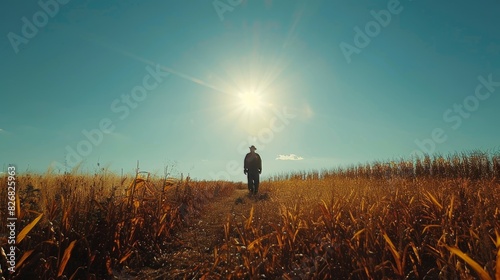 Scenic view of clear sky with farmer harvesting crops in rural agricultural landscape