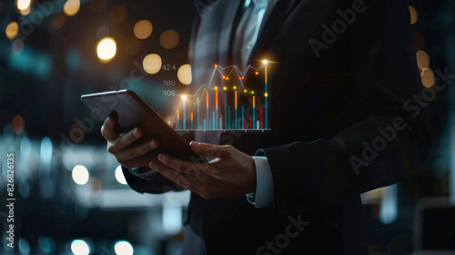 Investment and growth concept. Businessman holding tablet and showing a growing virtual hologram of statistics