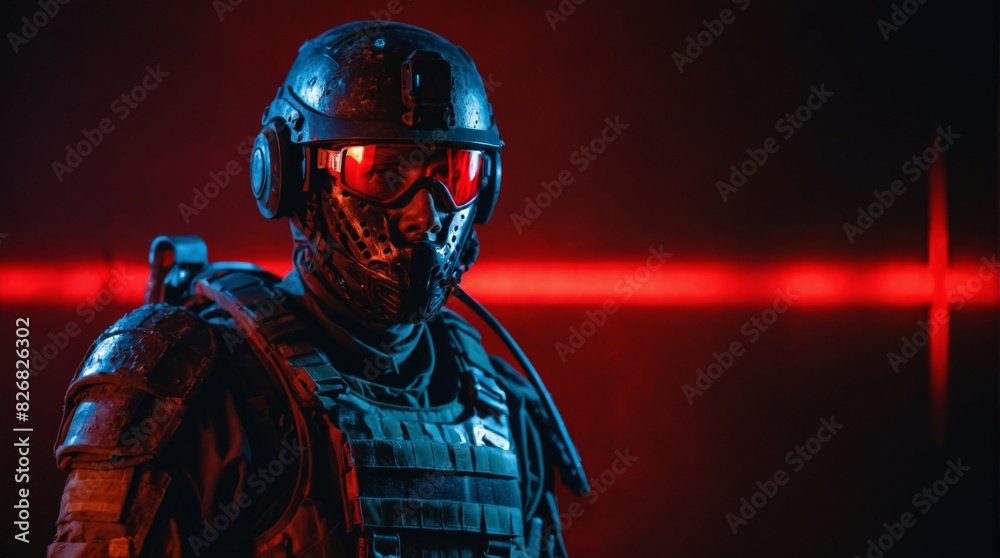 Elite Soldier in Tactical Gear on Battlefield Elite Soldier in Tactical Gear on Battlefield