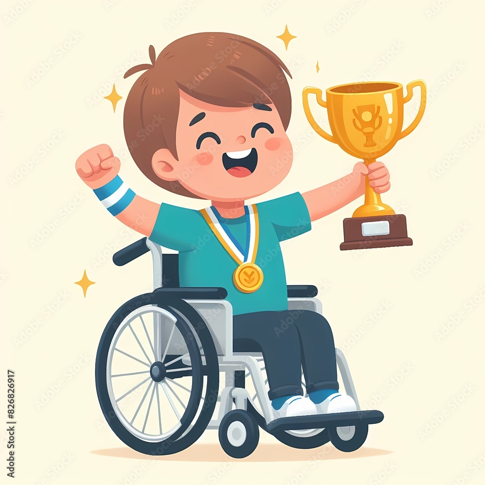 Happy Child in Wheelchair Celebrating Victory Happy Child in Wheelchair Celebrating Victory