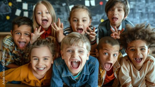 group of  surprised children in the classroom