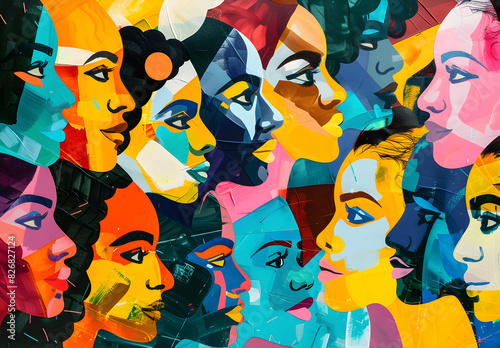 An abstract and vibrant collage of human faces, representing diversity and celebrating black history month and juneteenth. Perfect for multicultural events, graphic design projects,...