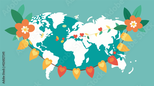 The map is encircled by a garland of flowers symbolizing the congregations love and prayers for their missionaries in every corner of the world.. Vector illustration