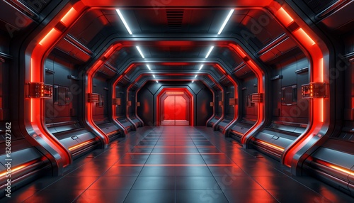 corridor with red and black metal walls and floor