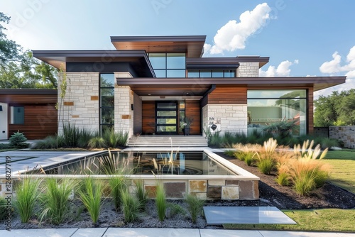 : A modern suburban home with a striking facade featuring a mix of wood, stone, and glass, and a front yard landscaped with ornamental grasses and a water feature.