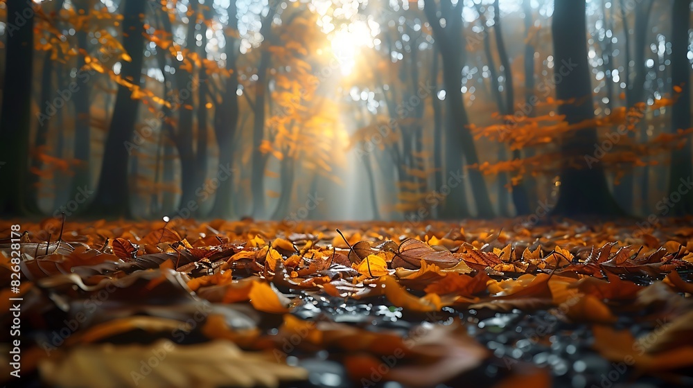 Autumn leaves covering a forest floor