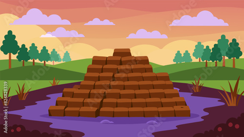 The sight of peat banks neatly and stacked stretching out for miles on the edge of a bog providing ample fuel for the whole community.. Vector illustration