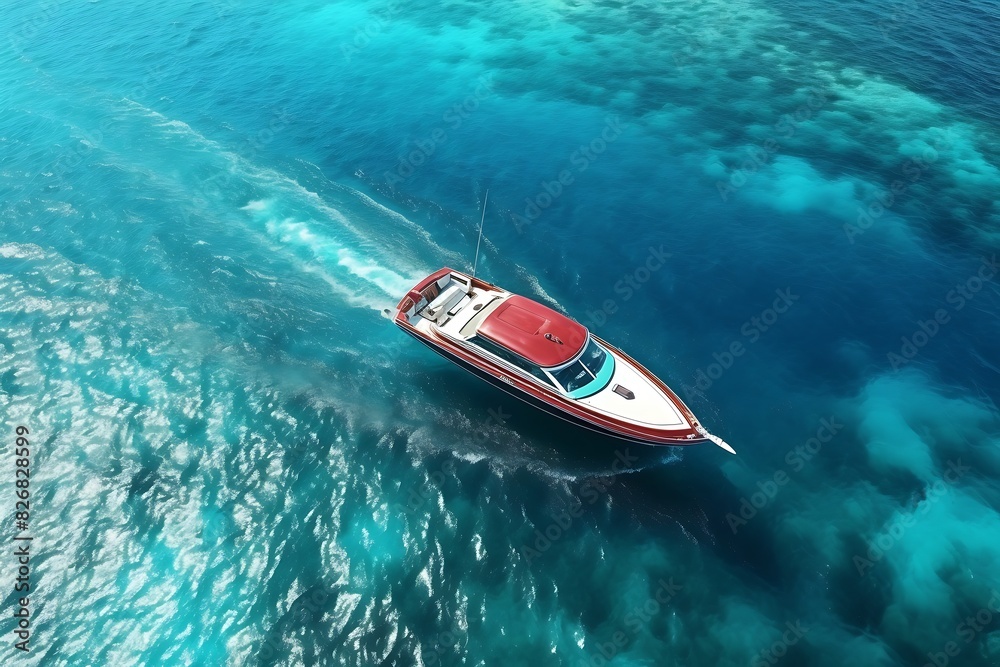 Aerial view of luxury motorboat floating on the sea Aerial view of luxury motorboat floating on the sea