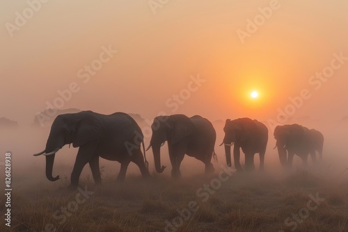 A breathtaking image capturing a herd of elephants walking through the misty savannah at sunrise under an ethereal orange sky in a tranquil setting