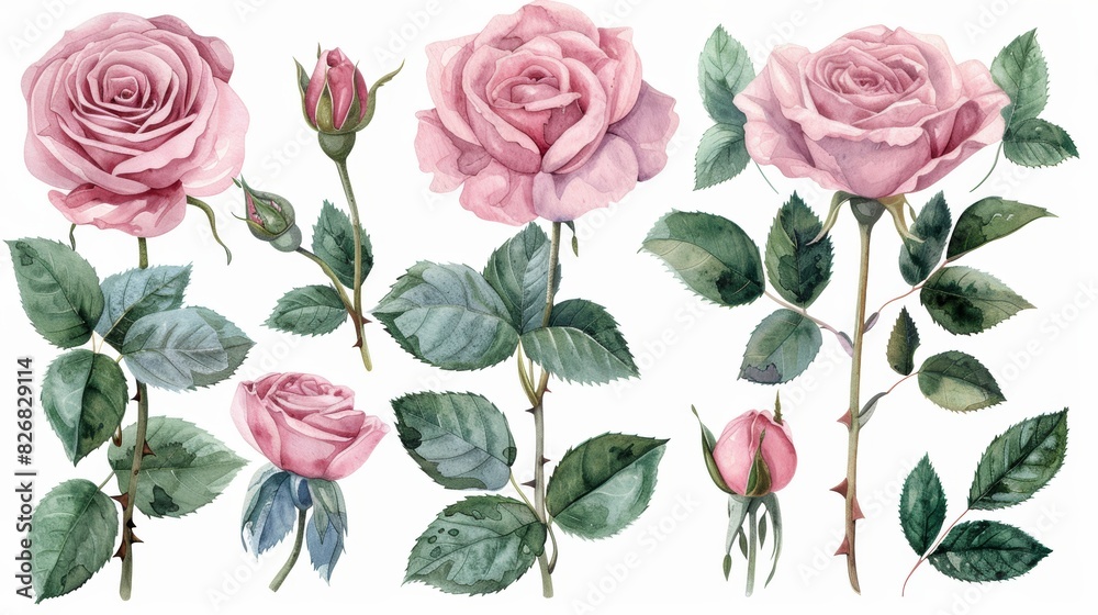 A collection of delicate pink roses with green leaves and stems, perfect for floral design and decoration. A collection of delicate pink roses with green leaves and stems, perfect for floral design and decoration.