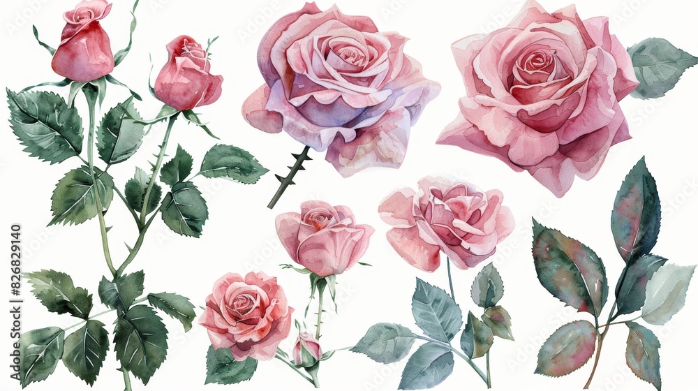 A collection of pink roses and leaves in watercolor style. Perfect for floral design, greeting cards, and more.