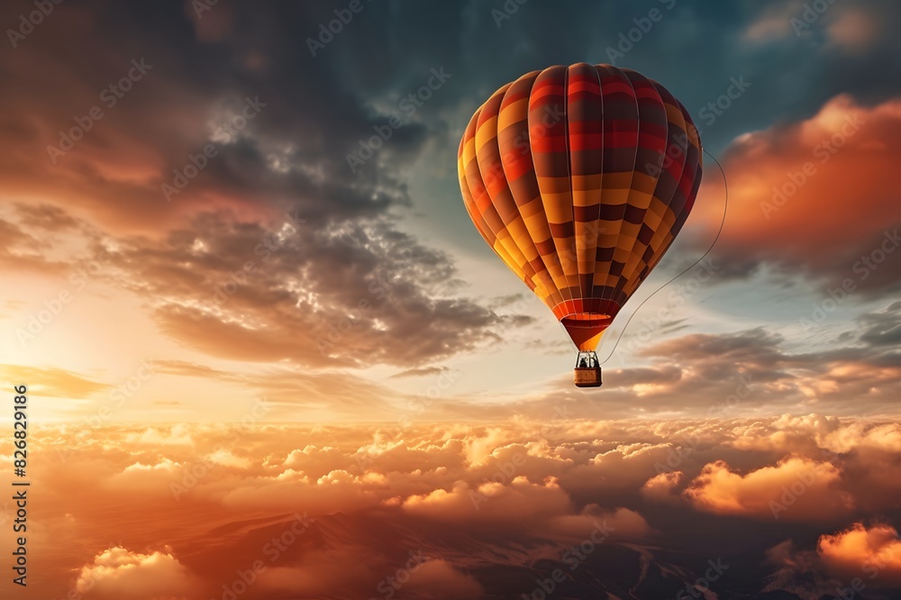 Obraz premium Hot air balloon flying high in the sky at sunset