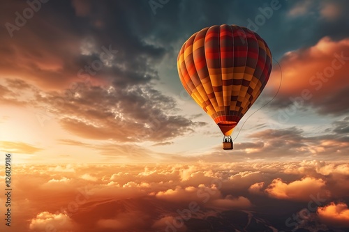 Hot air balloon flying high in the sky at sunset