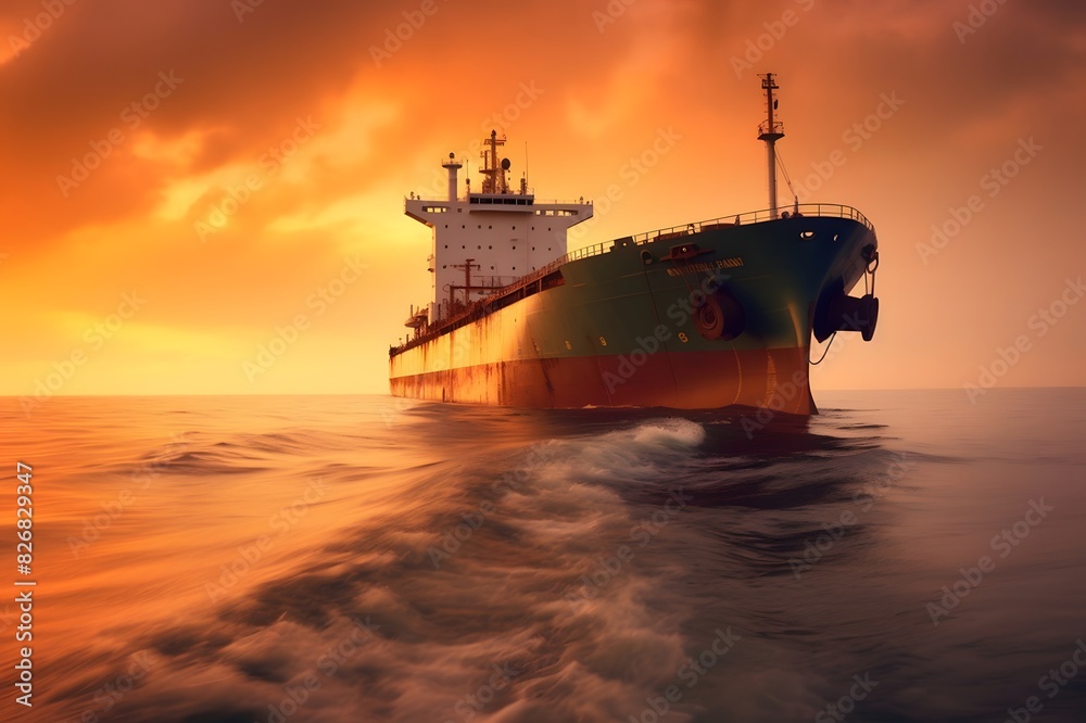 Large tanker ship sailing in the sea at sunset