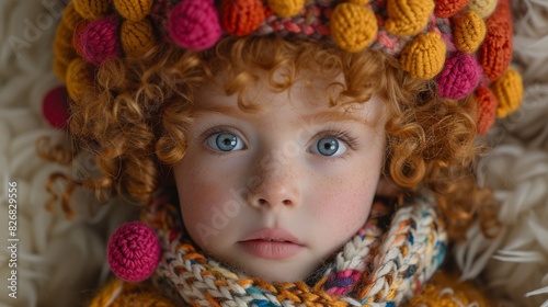 A close-up portrait of a young child with curly red hair  blue eyes  and a colorful knit hat and scarf  lying down against a soft  cushiony background