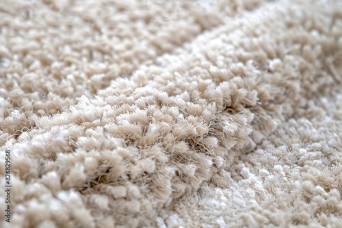 A close-up view of a soft and fluffy beige shaggy carpet texture highlighting the intricate details of its fibers and texture