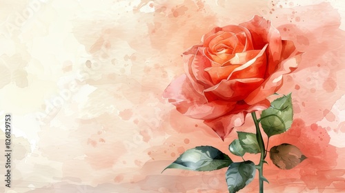 A single red rose with green leaves painted in watercolor on a textured background.