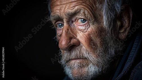 A deeply introspective and striking close-up portrait of an elderly man with expressive blue eyes  aged skin  and a contemplative expression against a dark background