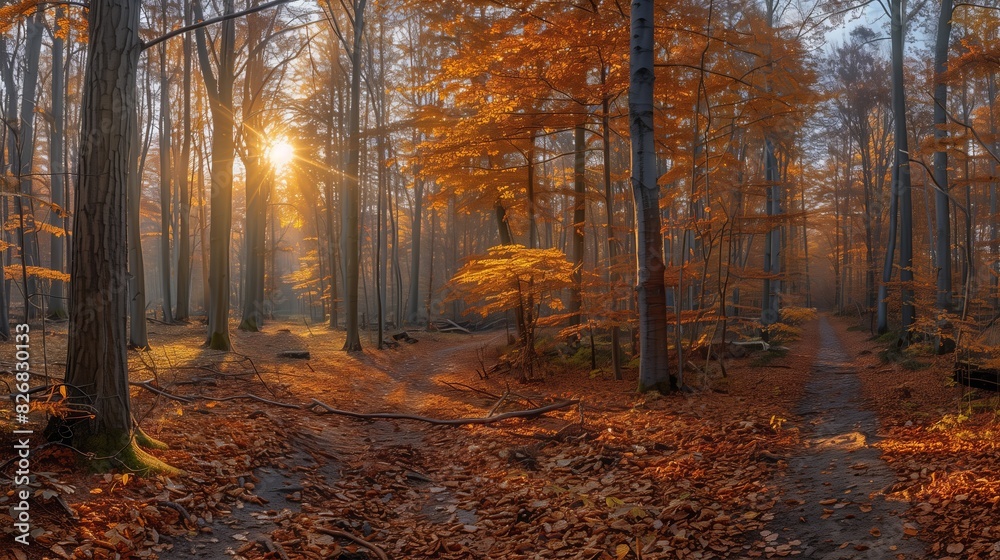 Panoramic Sunny Forest in Autumn