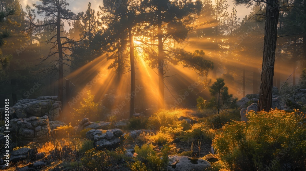 Panoramic Sunny Forest in Autumn