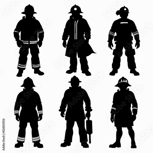 A Set of 9pcs firefighter full black silhouette white background, no shadow