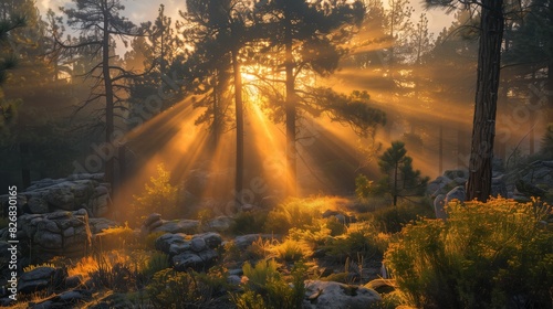 Panoramic Sunny Forest in Autumn