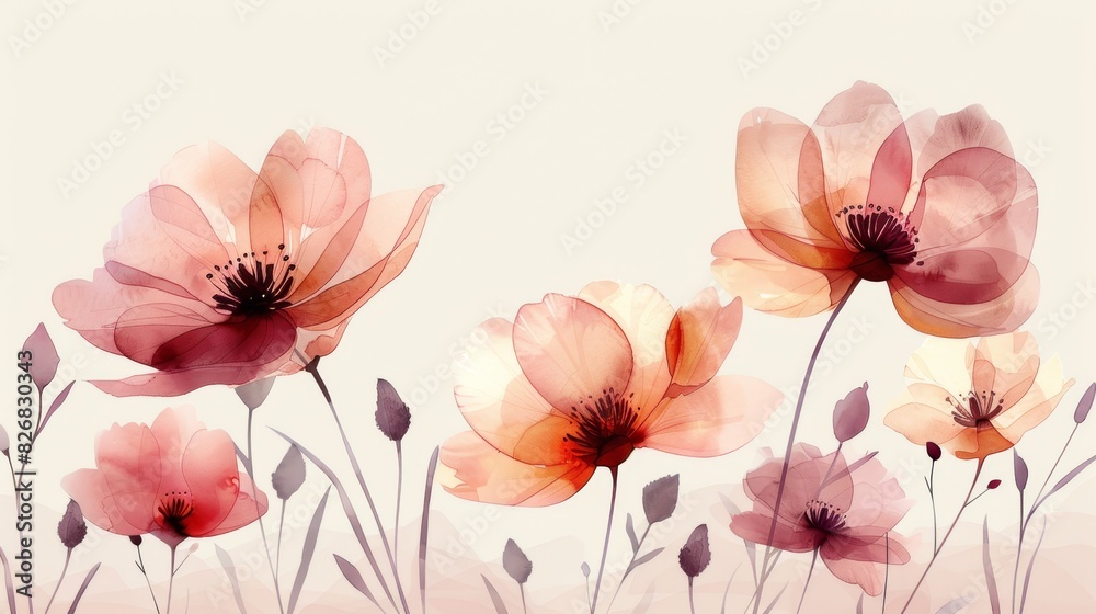 Delicate pink and orange watercolor flowers with subtle stems on a soft beige background.