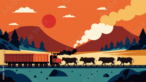 The familiar hooting of the train whistle announces the arrival of a coal train much to the annoyance of a nearby grazing herd of cattle.. Vector illustration