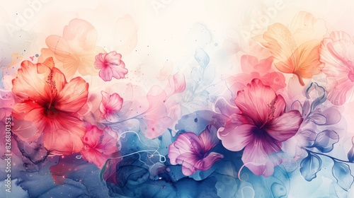 Abstract watercolor painting of pink and orange flowers with blue and purple background.