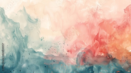 Abstract watercolor painting with soft, flowing colors in shades of blue, pink, and orange. © Rungrudee