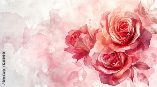 Delicate pink roses and leaves on a soft watercolor background.