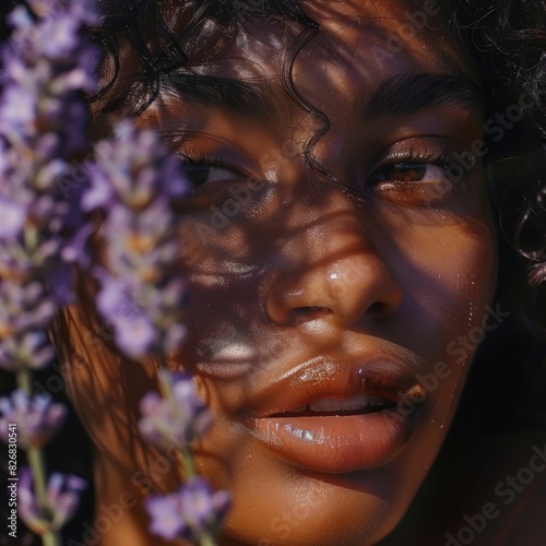 A closeup portrait photography of a womans face with purple flowers framing her jaw  highlighting her happy gesture. This visual arts illustration captures her eyelash in an artistic way AIG50
