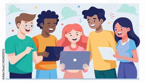 A group of friends excitedly show each other their digital artwork discussing which pieces they plan to enter into an upcoming competition.. Vector illustration