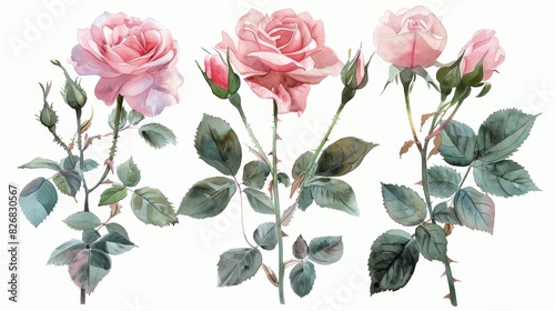 Three pink roses with green leaves and buds on white background. Watercolor style illustration.